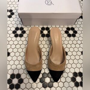 The Drop Paulina Pointed Toe Women's Tan and Black Mules